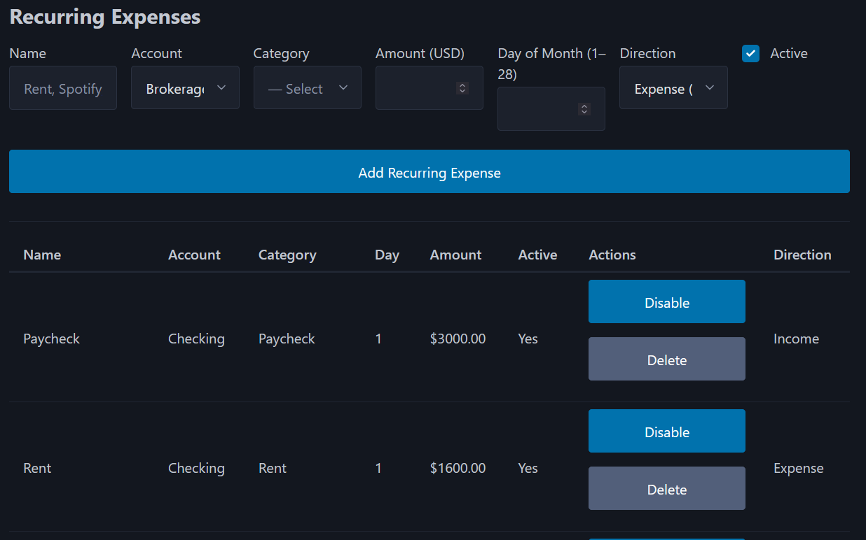 Recurring Items Screenshot