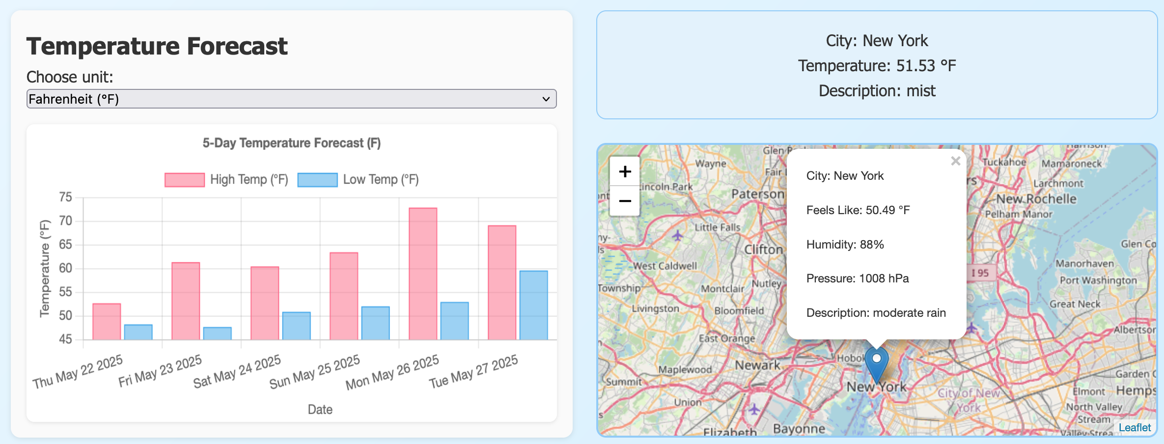 App's main page with map and weather